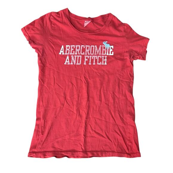 Y2K Abercrombie & Fitch Red Spell Out Logo Tee Sz Large Fitted Moose Preppy - Picture 1 of 3